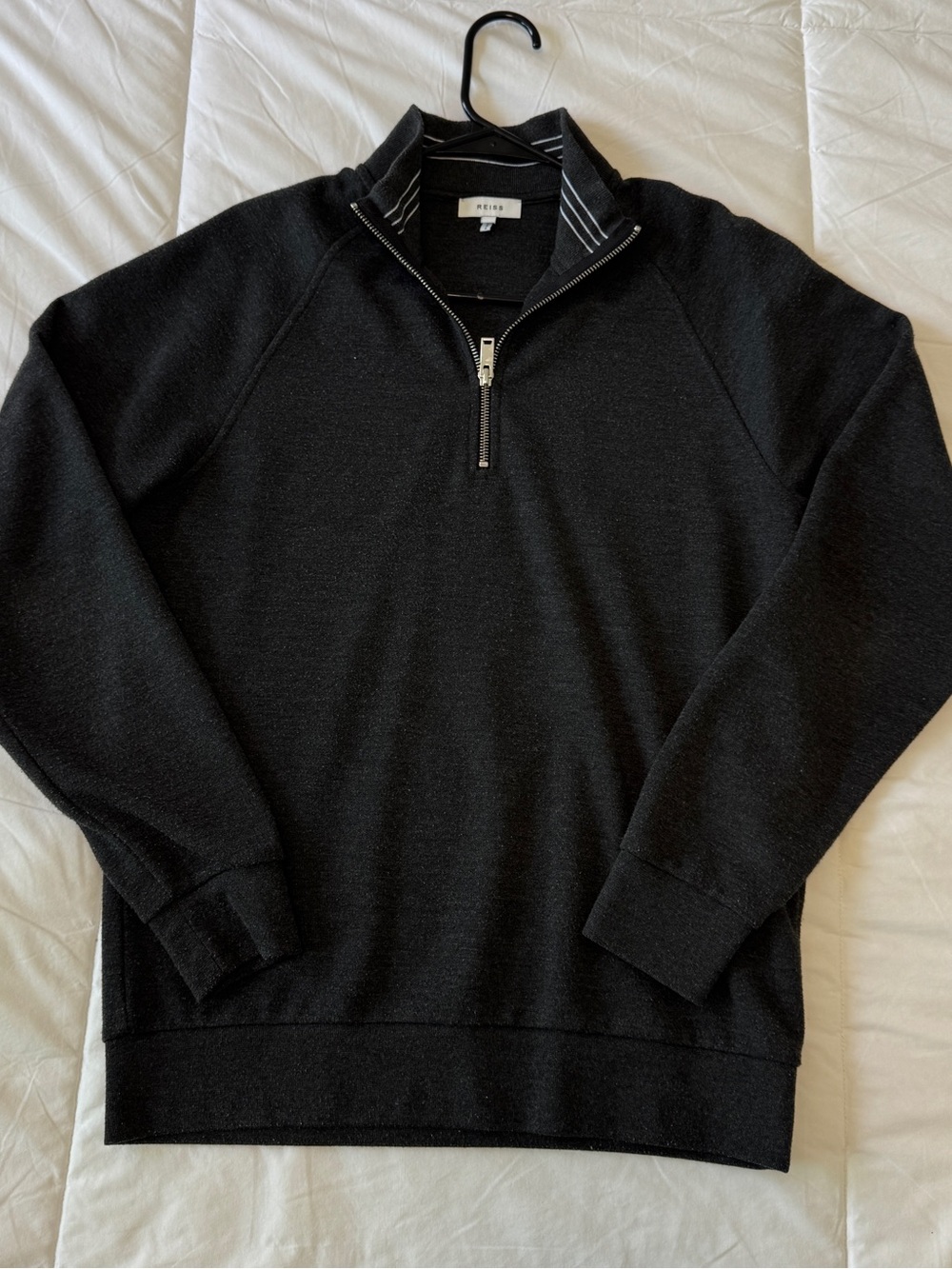 Reiss Black Half-Zip Sweater with Striped Collar Trim